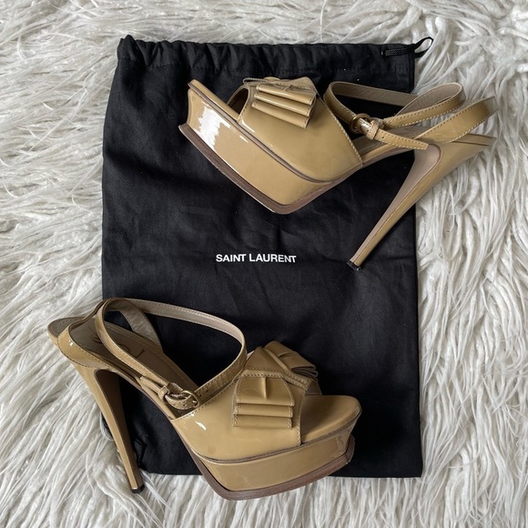 YVES SAINT LAURENT RIVE GAUCHE Patent Leather Beige Slingback Platform Sandal 39 - Picture 3 of 12